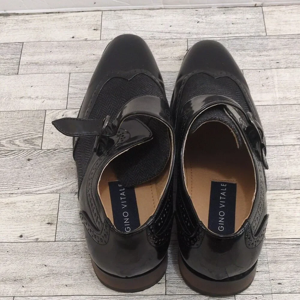 Gino Vitale Men's Black Monk Strap Buckle Dress Shoes Herringbone PU 8.5